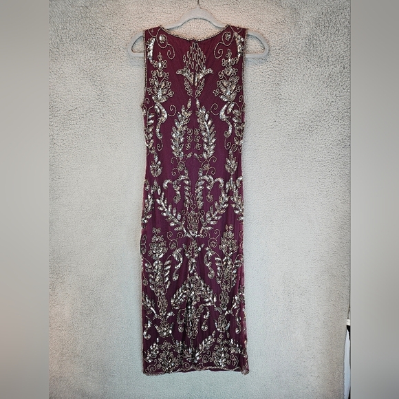 Pisarro Night Womens T Length Silver Beaded Gown Sz 8 Wine Color Chiffon Lined - Picture 9 of 15